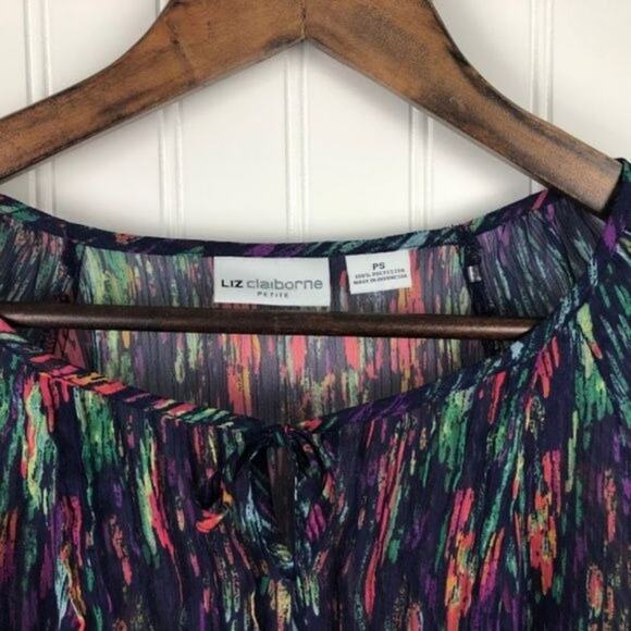 Liz Claiborne Women's Abstract Quarter‎ Sleeve Tie Open Neck Sheer Lined Blouse - Picture 2 of 5